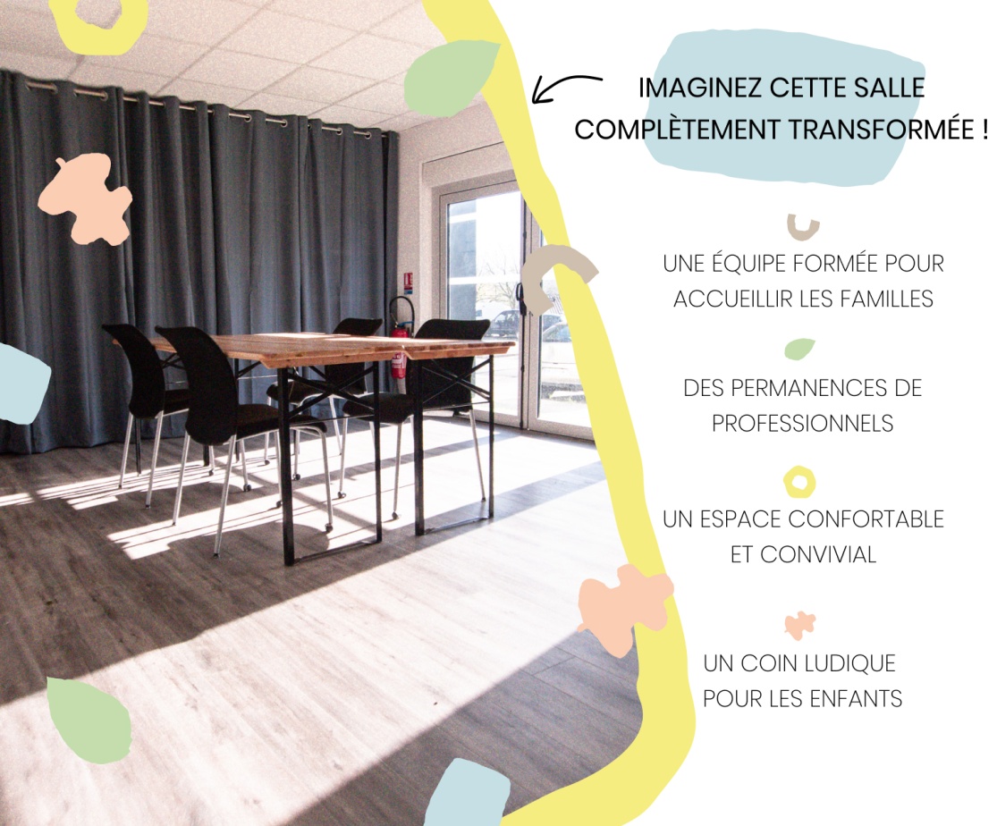 IMAGINEZ CETTE SALLE COMPLÈTEMENT TRANSFORMÉE ! UNE ÉQUIPE FORMÉE POUR ACCUEILLIR LES FAMILLES DES PERMANENCES DE PROFESSIONNELS UN ESPACE CONFORTABLE ET CONVIVIAL UN COIN LUDIQUE POUR LES ENFANTS